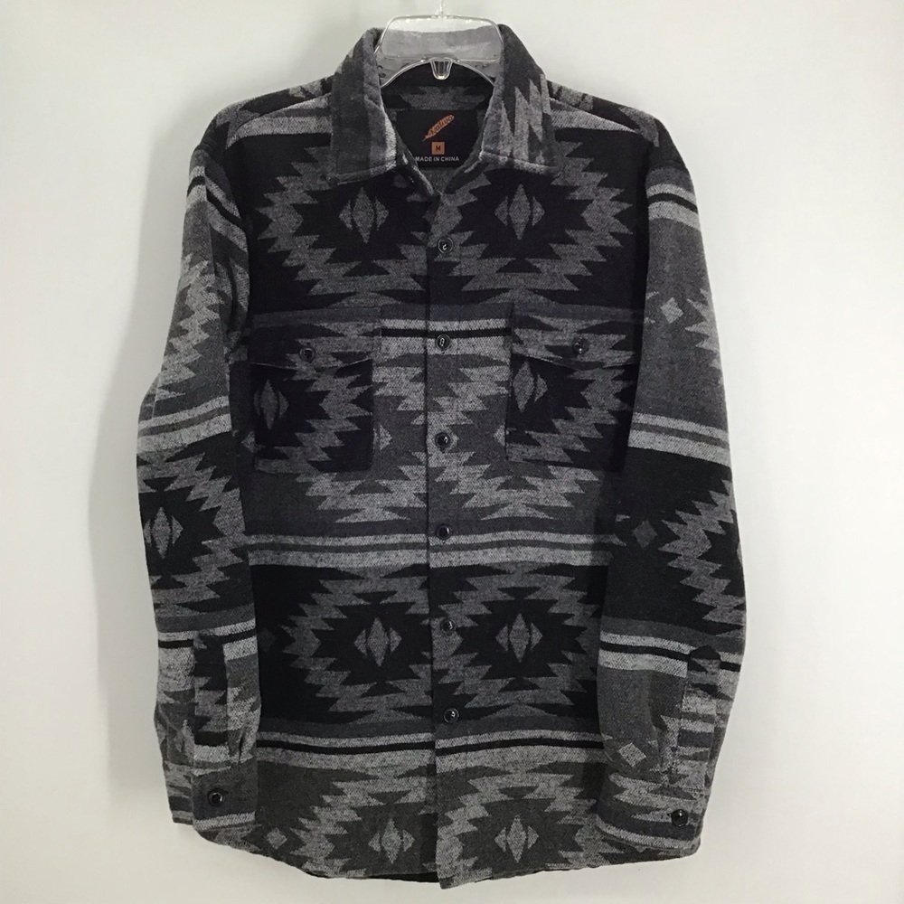 Native Western Aztec Button-Up Jacket Shacket Winter Warm Gray Size Med